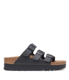 כפכף פלטפורמה שחור של BIRKENSTOCK Florida III מבט מהצד, שלושה רצועות עם אבזמים וסוליית שעם, מבית CHOZEN