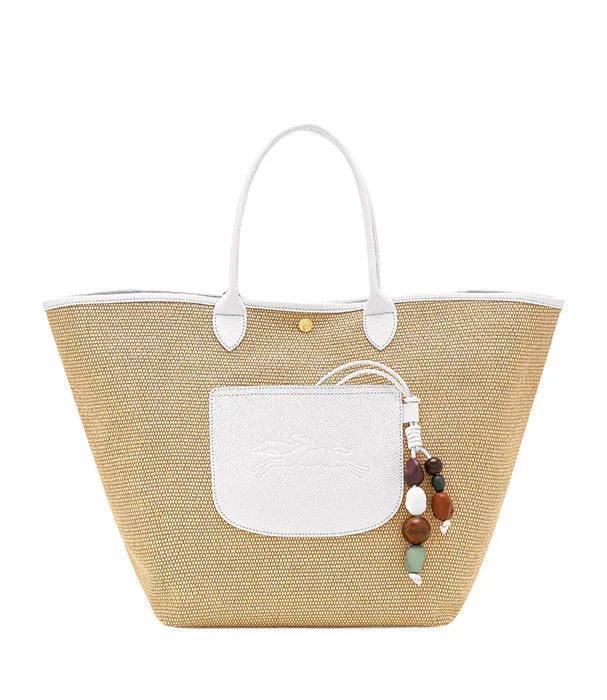 תיק קש אופנתי עם ידיות ועיטורי לבן וכיס חיצוני, מבית מותג מוביל ב-CHOZEN