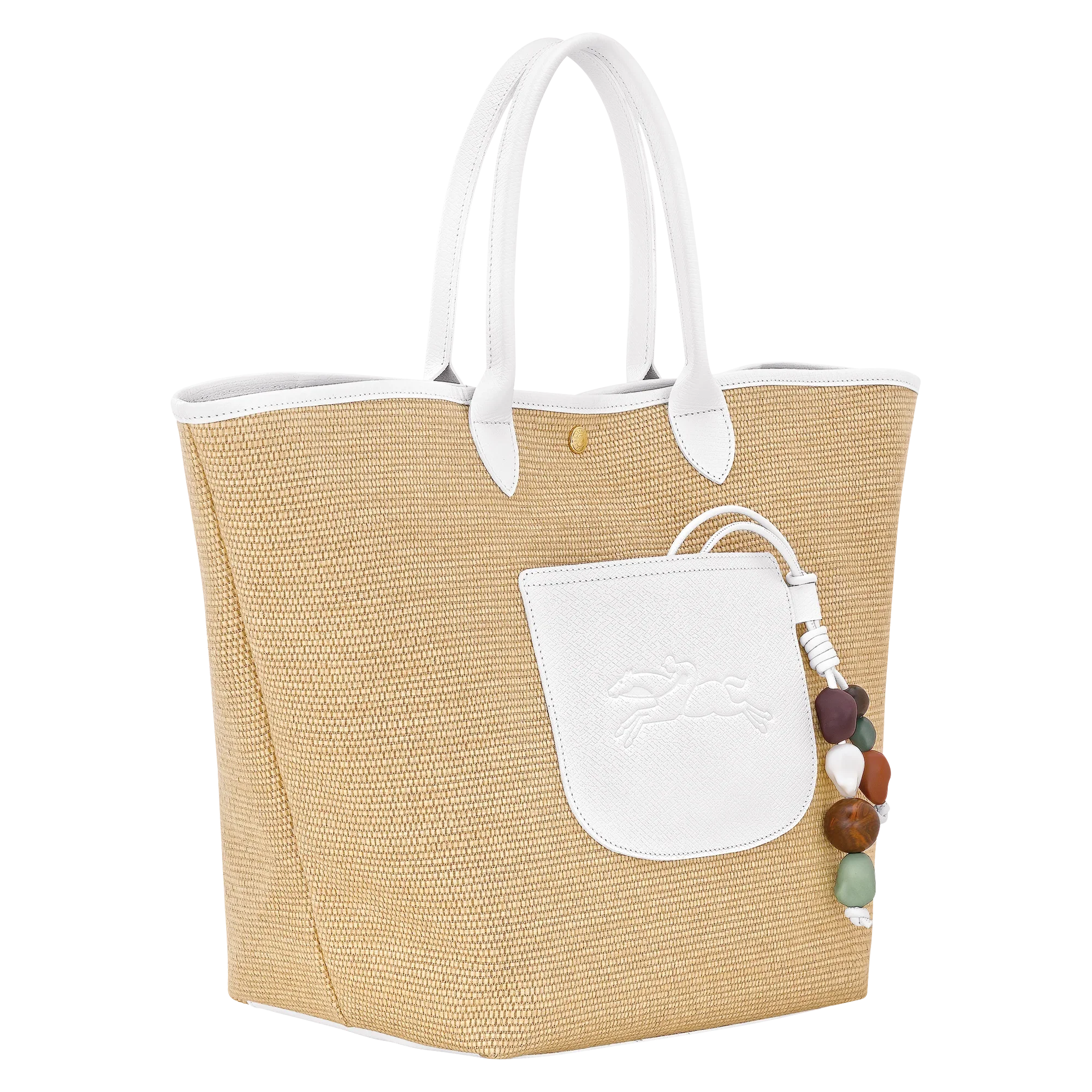 תיק קש אופנתי עם ידיות ועיטורי עור לבן, כיס קדמי ותליון צבעוני, מבית CHOZEN