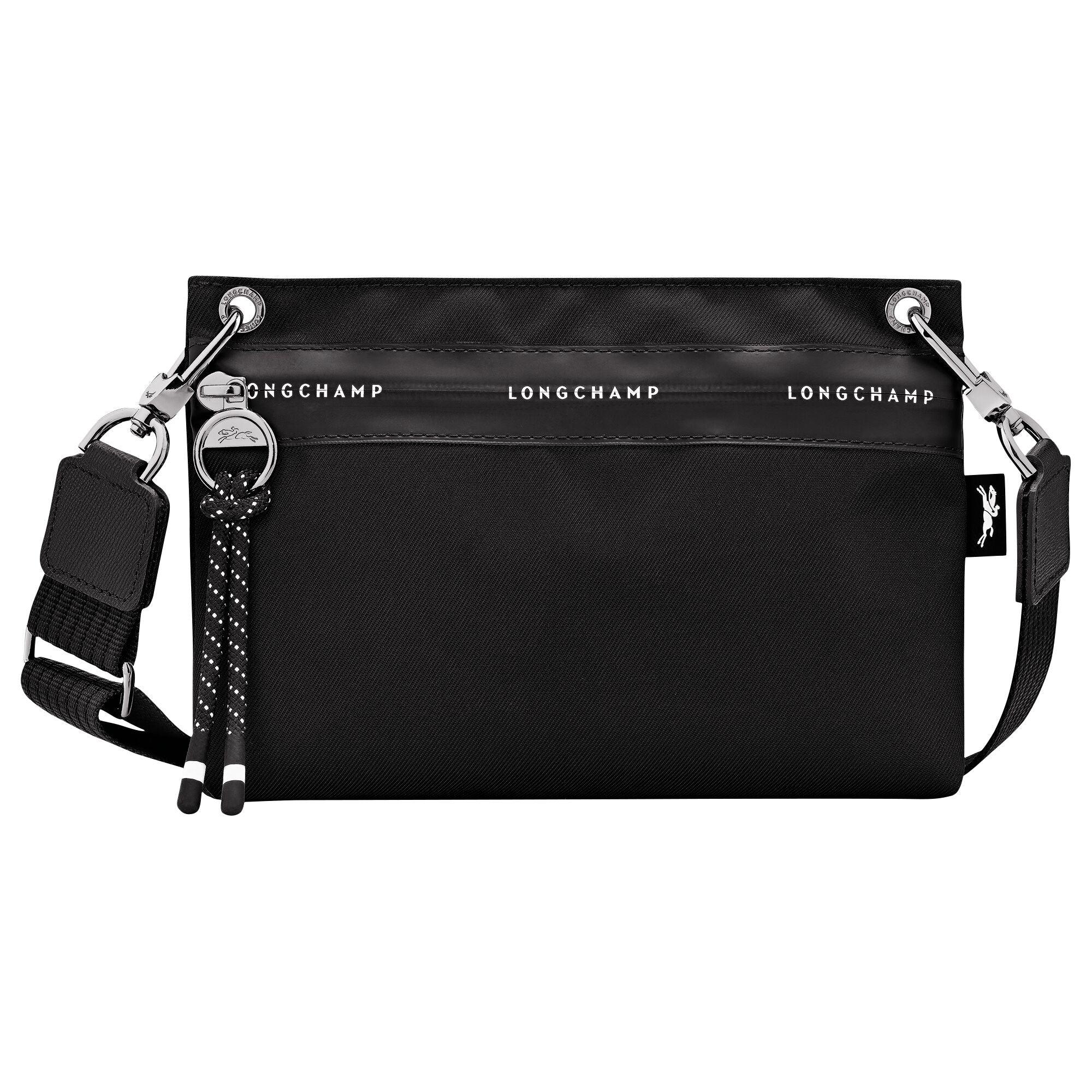 תיק צד שחור LONGCHAMP עם רצועה ושם המותג, קולקציית מותגים CHOZEN