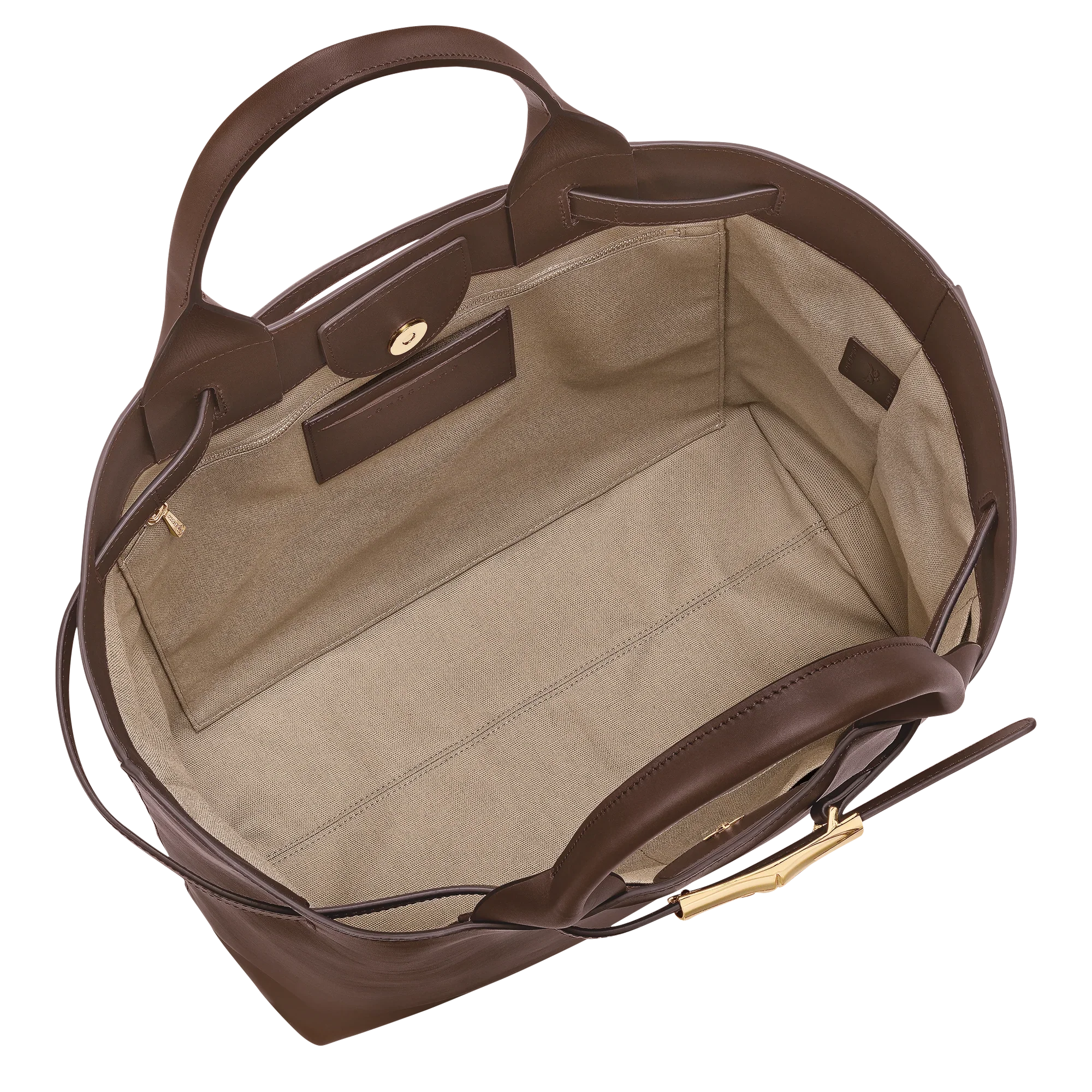 תיק יד חום יוקרתי עם ריפוד בד, מבית CHOZEN, מבט פנימי על נפח גדול ותא כיס פנימי