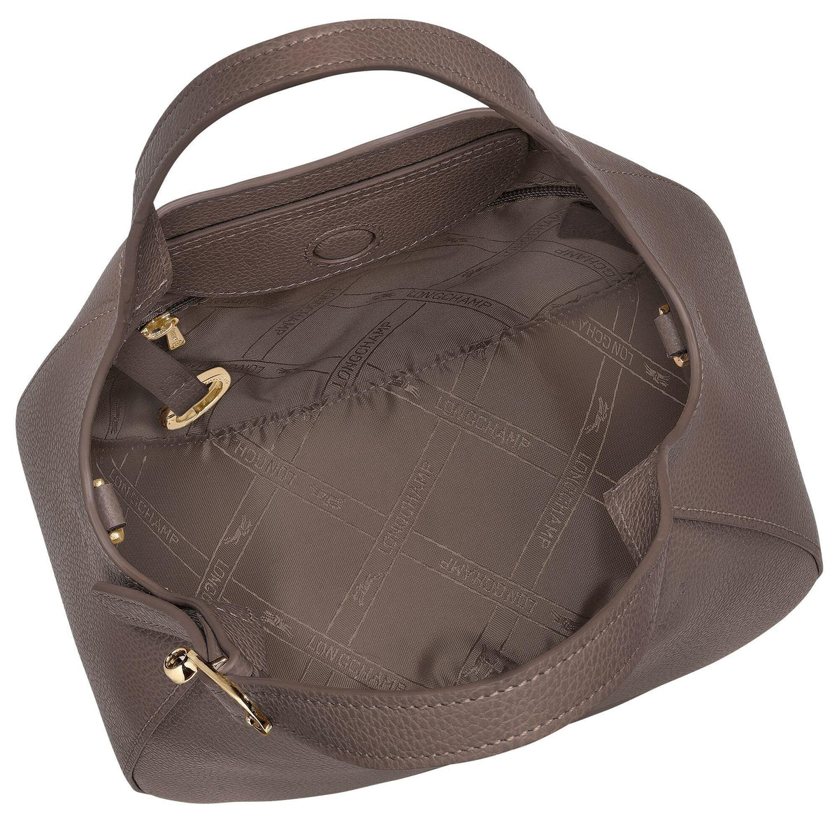 תיק יד חום לנשים מבית LONGCHAMP עם רוכסן זהב, נפתח ומרופד בלוגו המותג, מבית CHOZEN