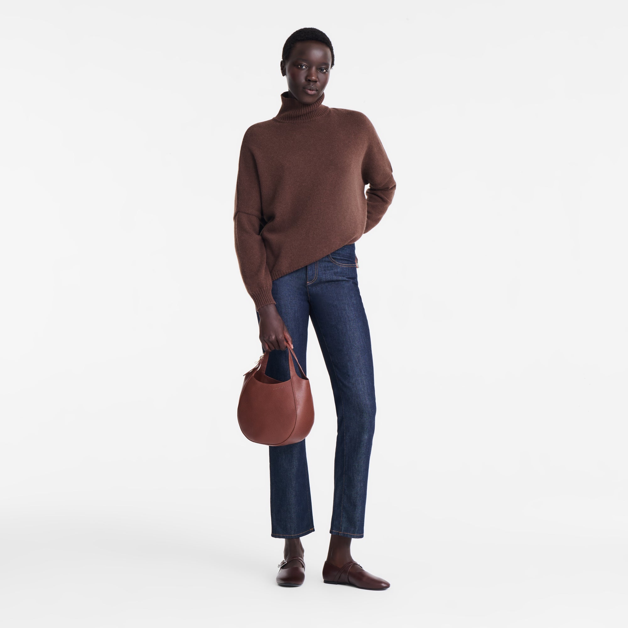 לונגשאמפ תיק צד קטן מעור Le Foulonné חום כהה