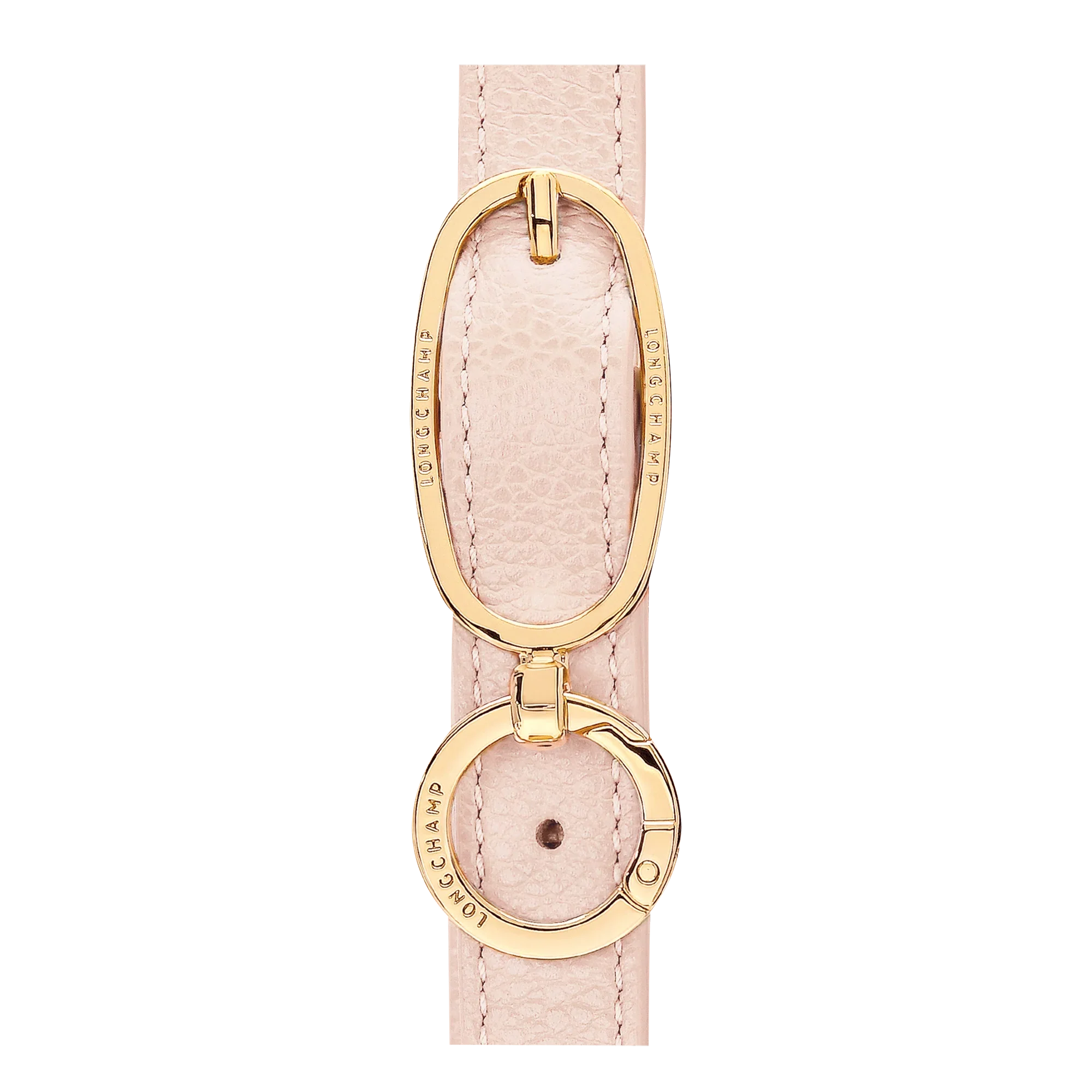 אבזם זהב מעוצב על רצועת עור ורודה של מותג LONGCHAMP, מהמותגים הבולטים ב-CHOZEN