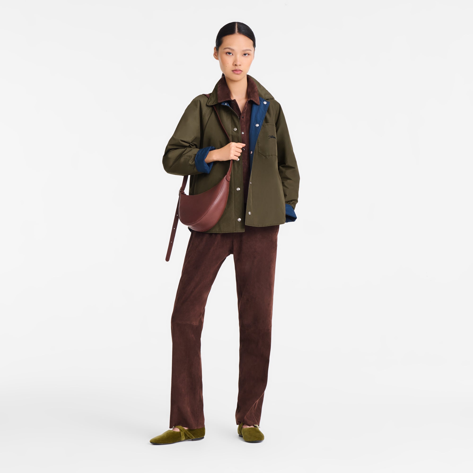 לונגשאמפ תיק צד בינוני מעור Le Foulonné חום כהה