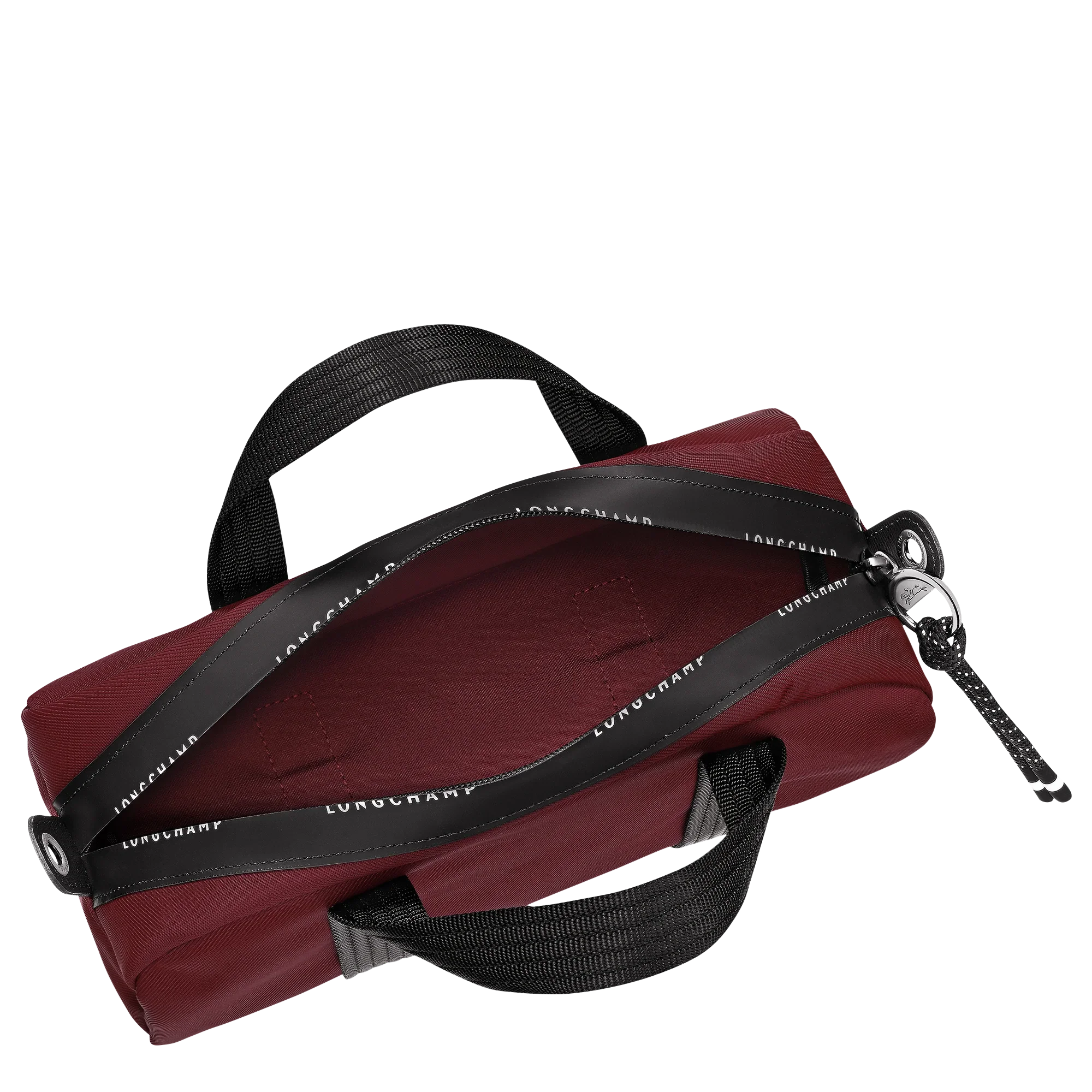 תיק יד אדום מעוצב עם רצועות שחורות ומותג LONGCHAMP, מבית קבוצת אלפא CHOZEN