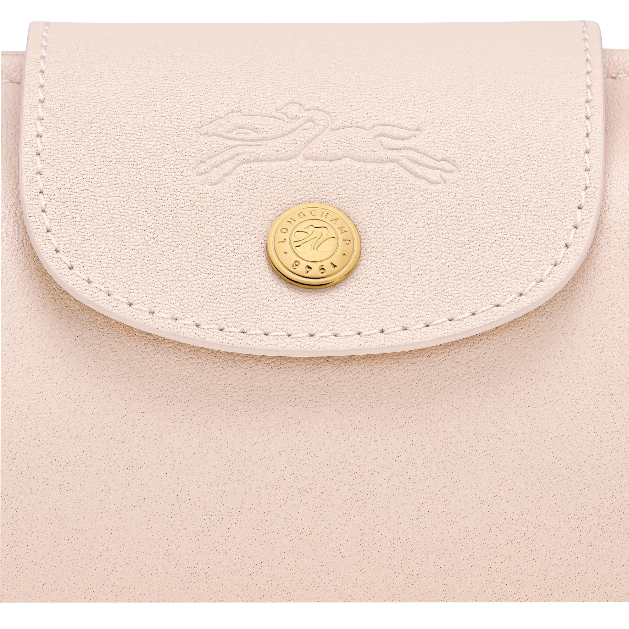 ארנק עור בצבע בז' בהטבעה לוגו Longchamp וכפתור זהב, מותג יוקרה ב-CHOZEN