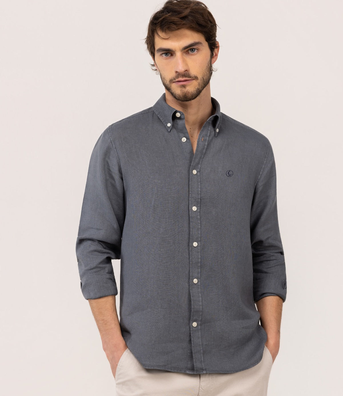 אל גנזו חולצה מכופתרת Grey Linen Garment Dyed Button-Down לגברים