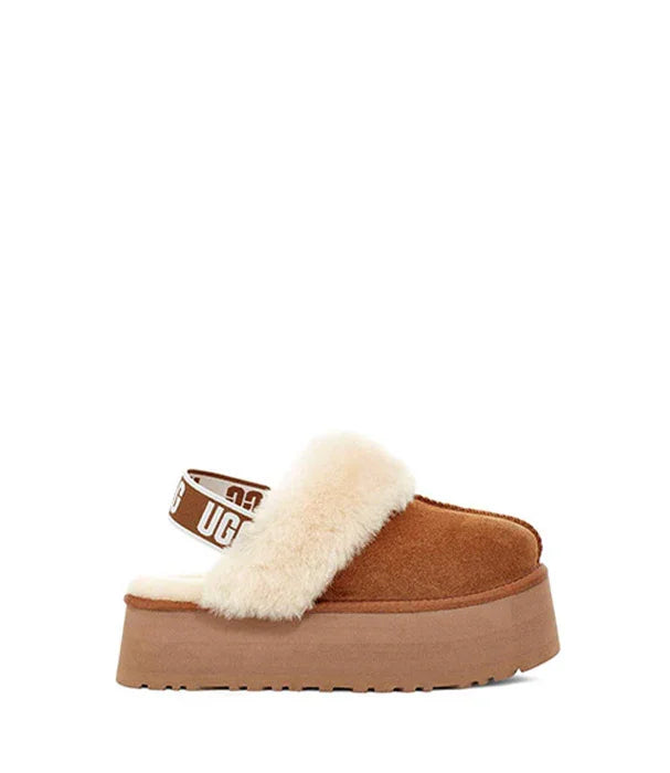 נעל UGG חומה לנשים, פרווה לבנה ורצועת עקב, מותג בינלאומי ב-CHOZEN