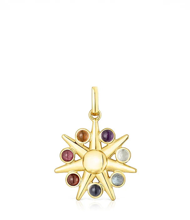 תליון זהב בצורת שמש עם אבני חן צבעוניות, עיצוב יוקרתי CHOZEN