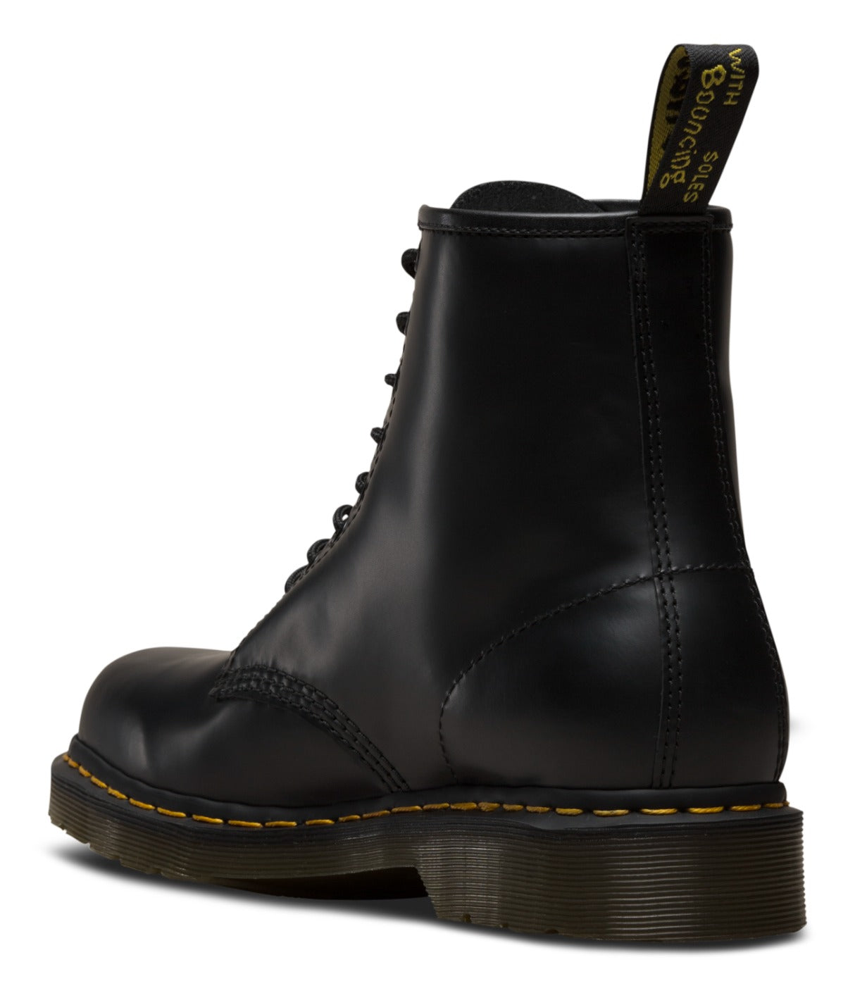 מגפי DR. MARTENS 1460 שחורים, מבט מהגב עם לשונית צהובה ותפר צהוב בולט, מבית CHOZEN