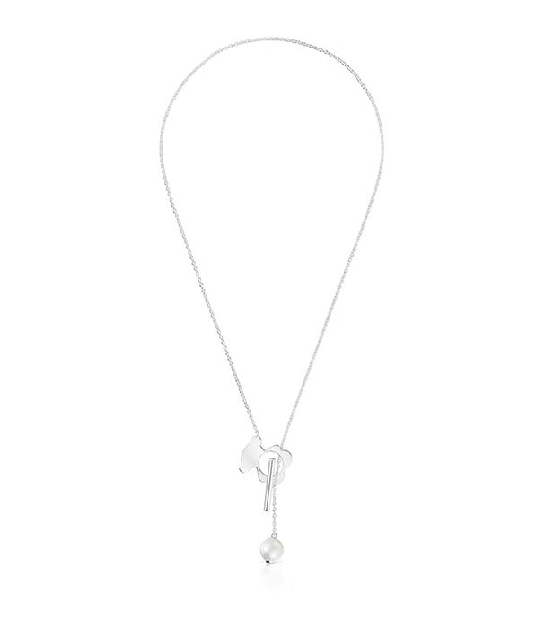 טואוס שרשרת דובון I-Bear קצרה מכסף בשילוב פנינים מעובדות