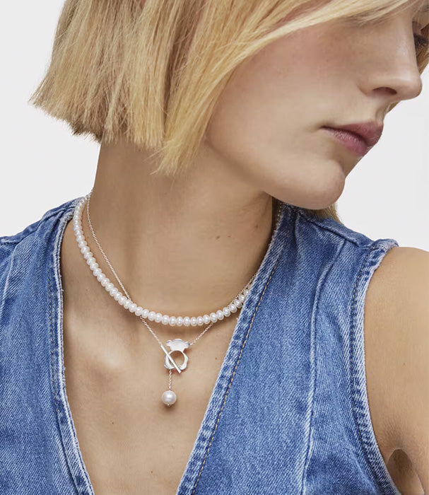 טואוס שרשרת דובון I-Bear קצרה מכסף בשילוב פנינים מעובדות