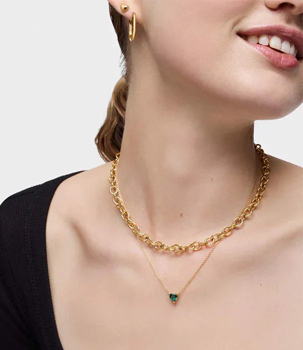 תכשיטי זהב אופנתיים CHOZEN – שרשרת חוליות, שרשרת עם תליון ירוק ועגילים לאישה