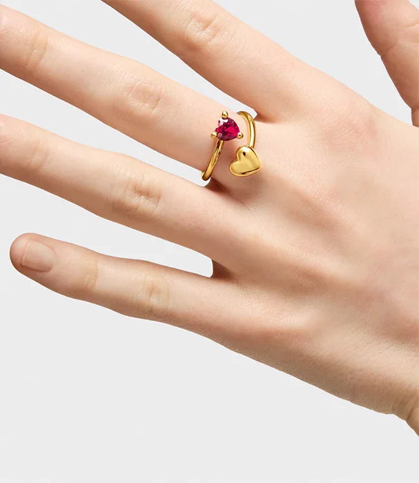 טבעת זהב פתוחה עם לב אדום ואלמנט לב, תכשיט אופנתי מבית CHOZEN