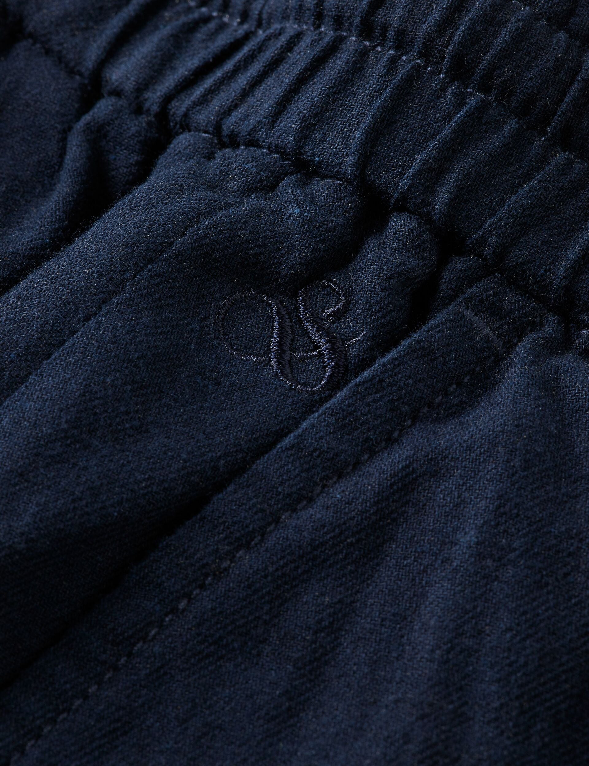 תקריב של בד כחול כהה ומותג CHOZEN, חגורת גומי ומרקם איכותי