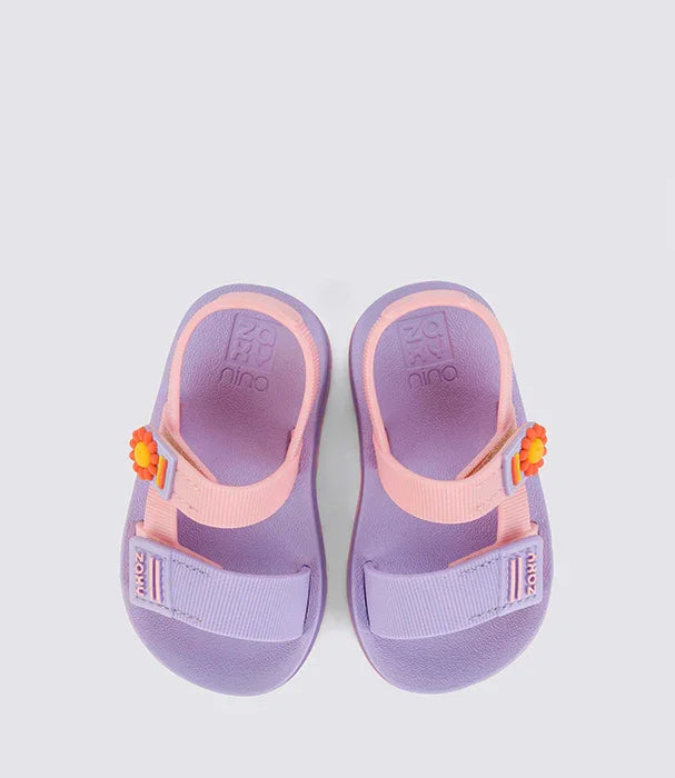 סנדלי ילדים סגולים וורודים עם פרח כתום, עיצוב זורי, קולקציה CHOZEN