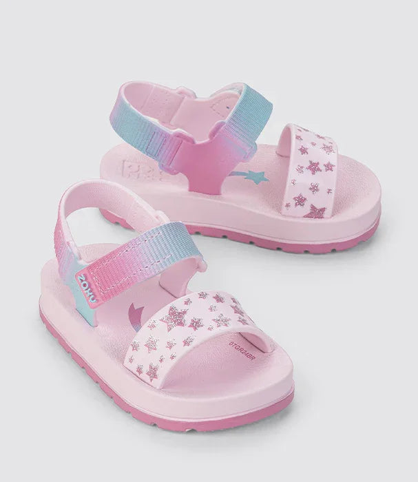 סנדלי ילדות ורודות עם הדפס כוכבים, רצועת סקוטש צבעונית מותג ZOKY, מבית קבוצת אלפא CHOZEN