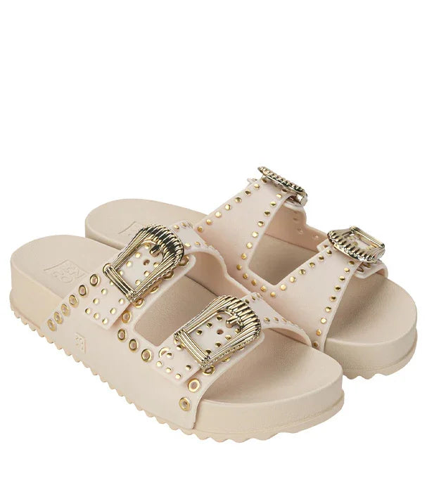 כפכפי נשים אופנתיים בצבע בז', אבזמים דקורטיביים זהב, CHOZEN קבוצת אלפא