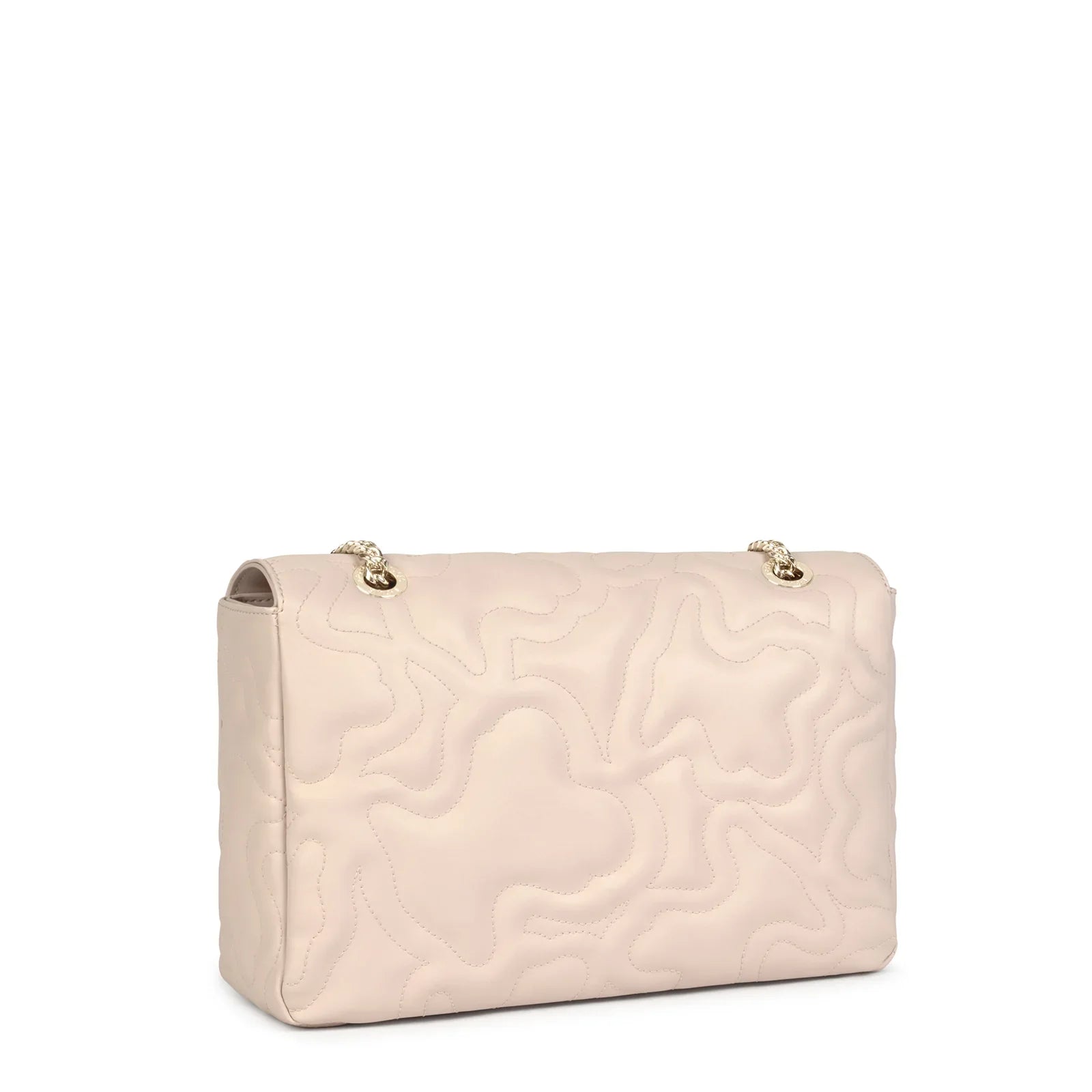 תיק יד אופנתי בגוון בז' עם תיפורים ייחודיים ורצועות שרשרת זהב מבית CHOZEN