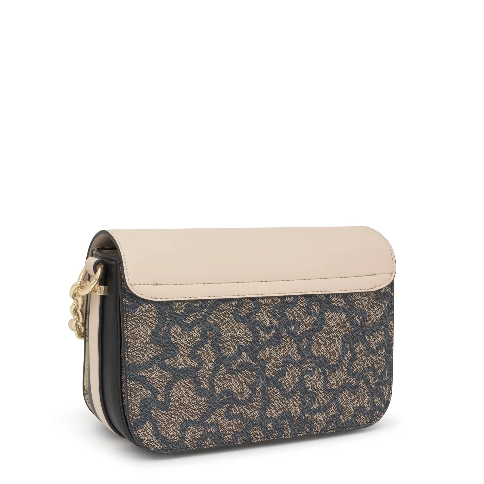 תיק צד אופנתי מבית CHOZEN, דוגמת קווים כחולים על רקע בז', עם רצועת זהב אלגנטית