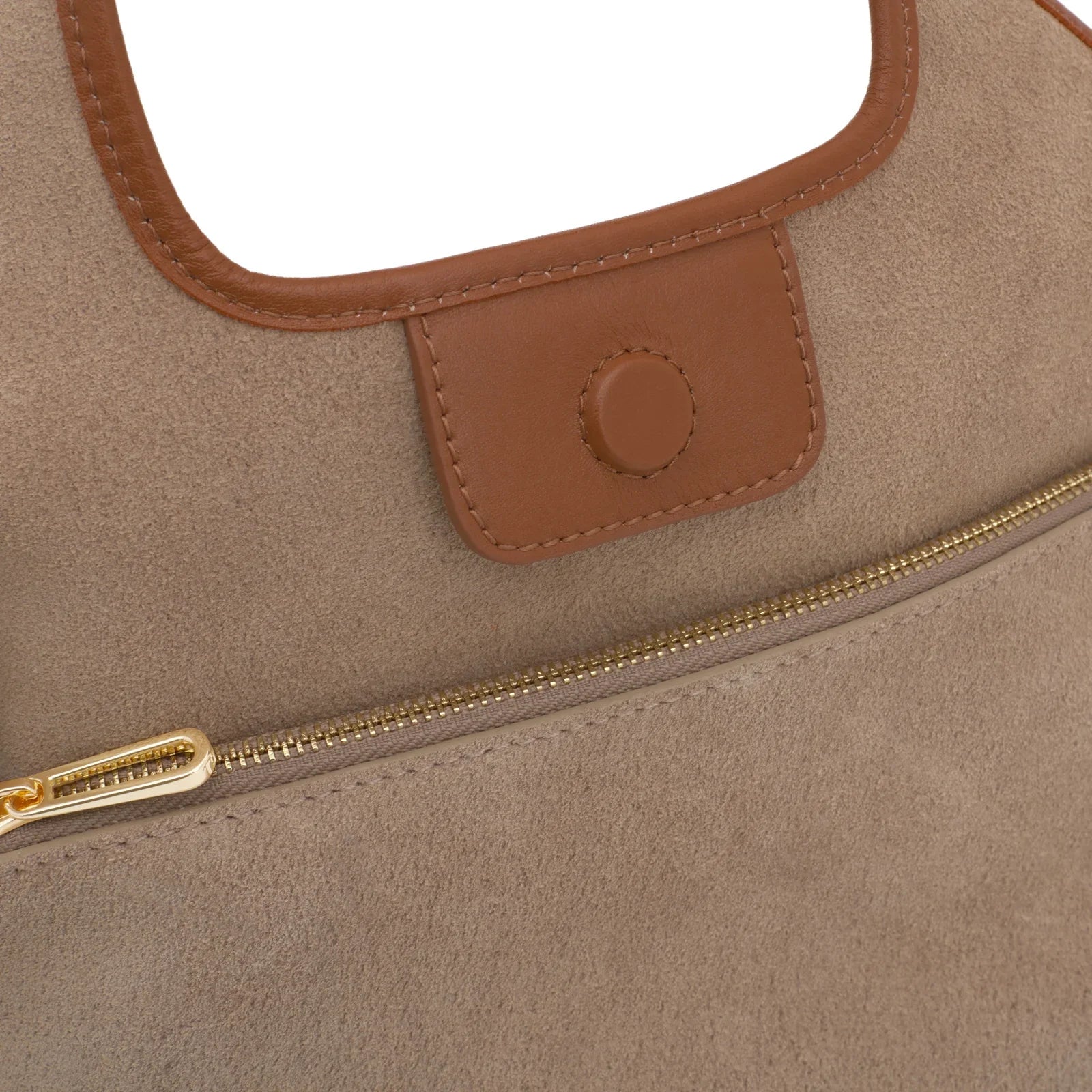 תקריב תיק יד זמש עם רוכסן זהב וידית עור חום, מותגים מובילים CHOZEN