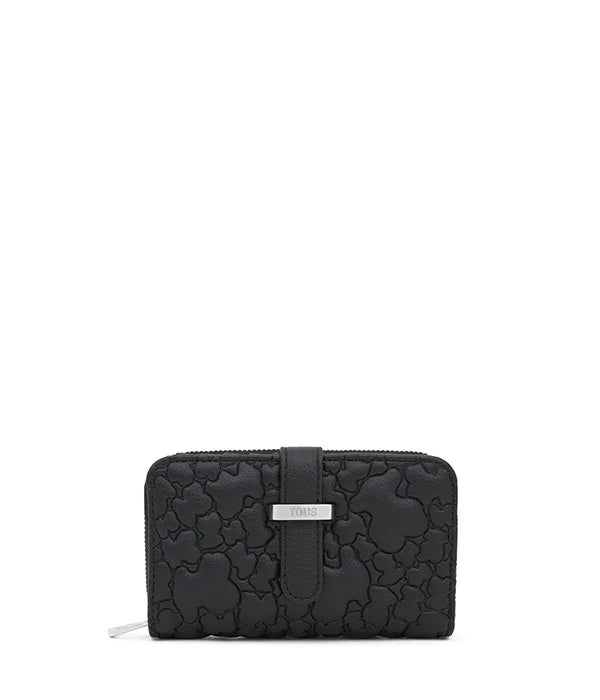 ארנק עור שחור עם דוגמת פרחים מובלטת, עיצוב יוקרתי מבית המותגים של קבוצת אלפא