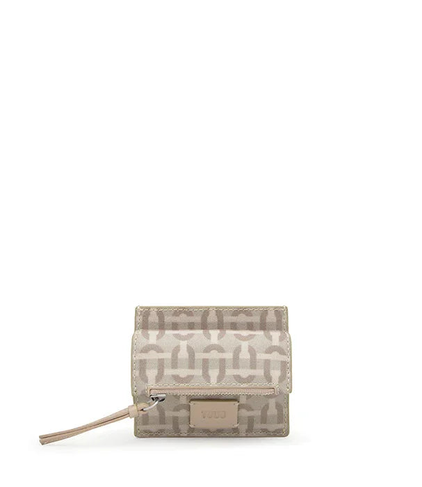 ארנק בד בז' עם דוגמת מותג, רצועת יד ורוכסן, פריט אופנה מבית CHOZEN