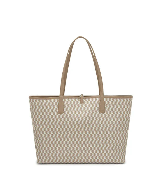 תיק קש בהיר במראה קלוע עם ידיות עור בצבע בז', CHOZEN, אופנה וקולקציה חדשה