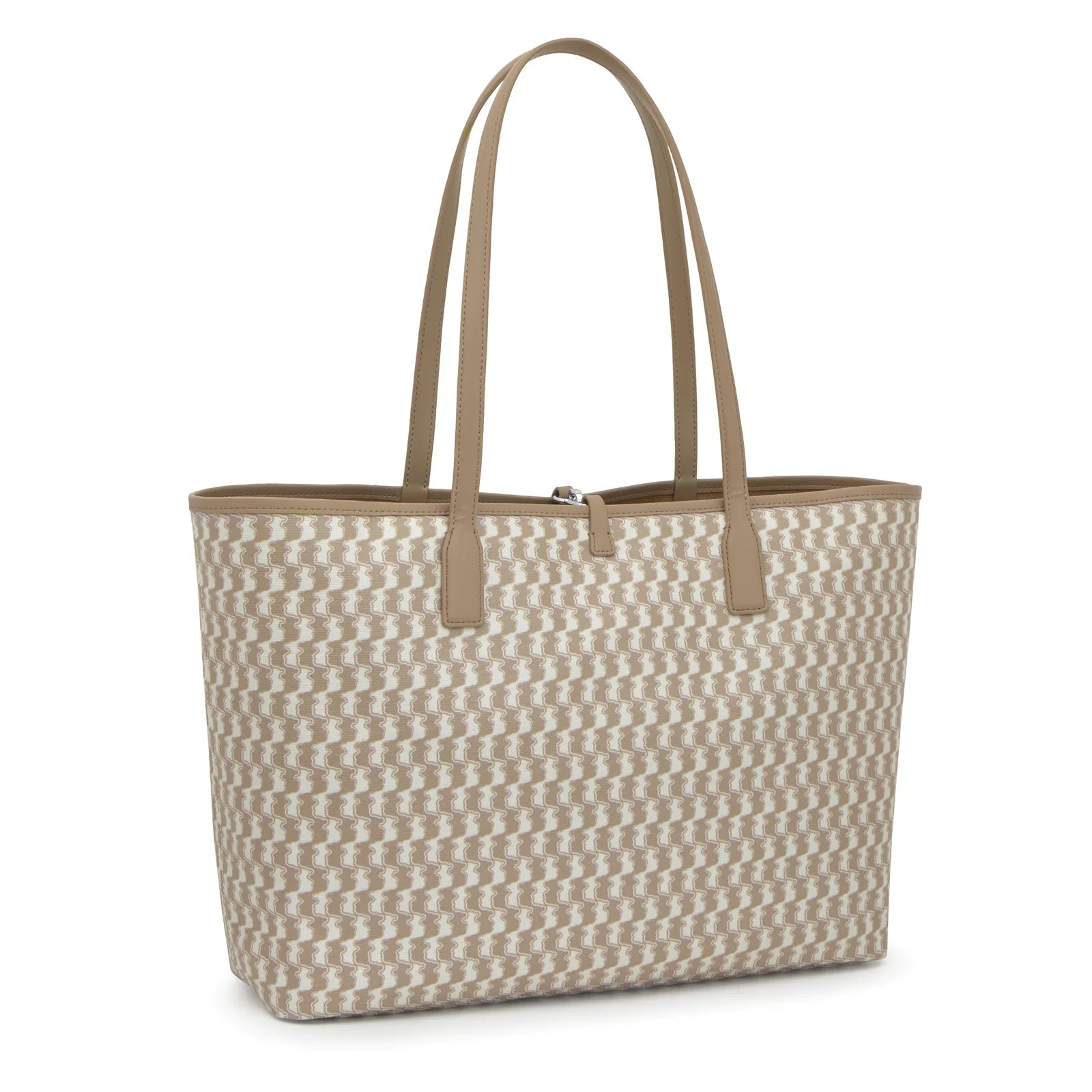 תיק יד אופנתי בצבע בז׳ ודוגמה גאומטרית, קולקציית מותגים CHOZEN