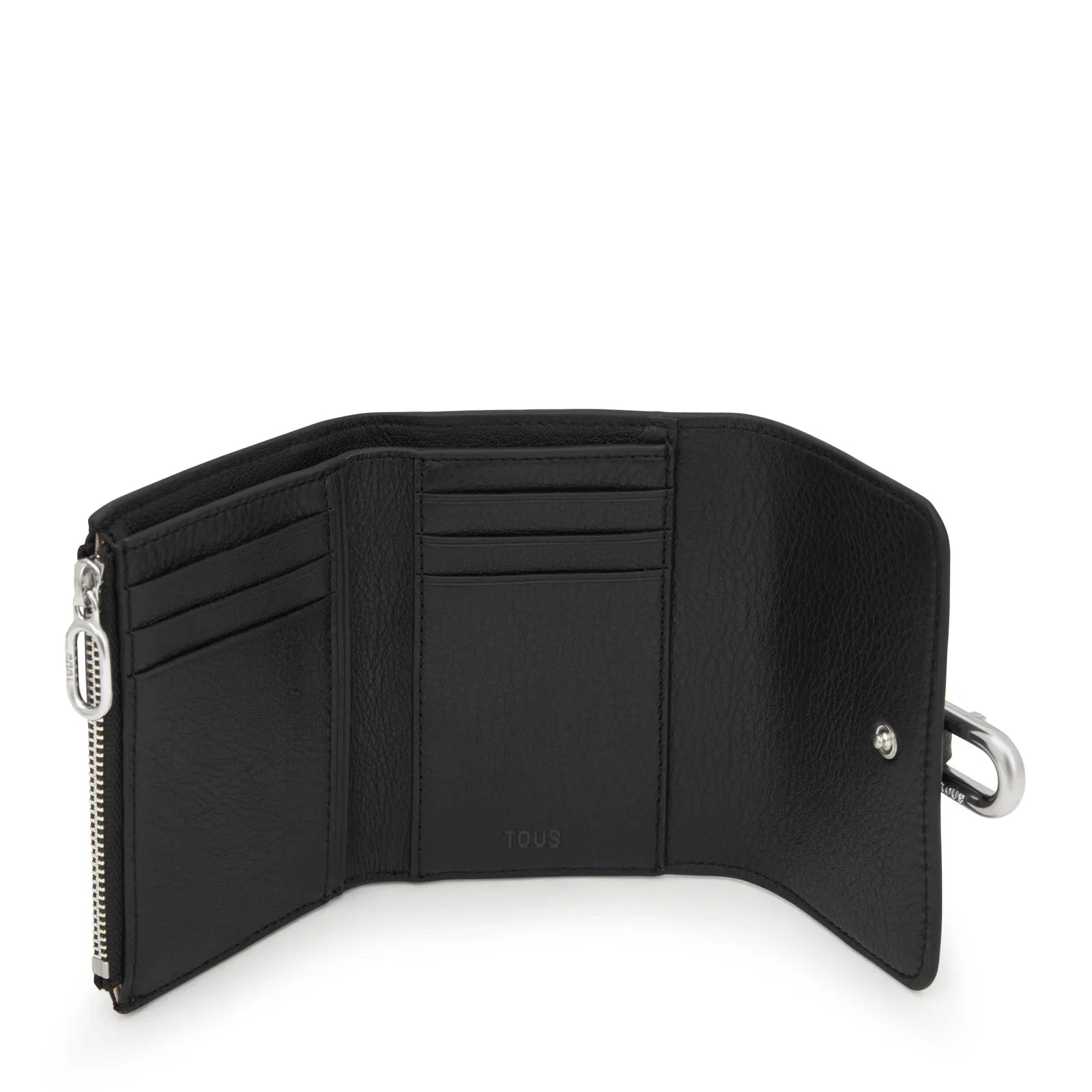 ארנק עור שחור פתוח עם תאים לכרטיסים ורוכסן מתכת, מותג TOUS, באתר CHOZEN