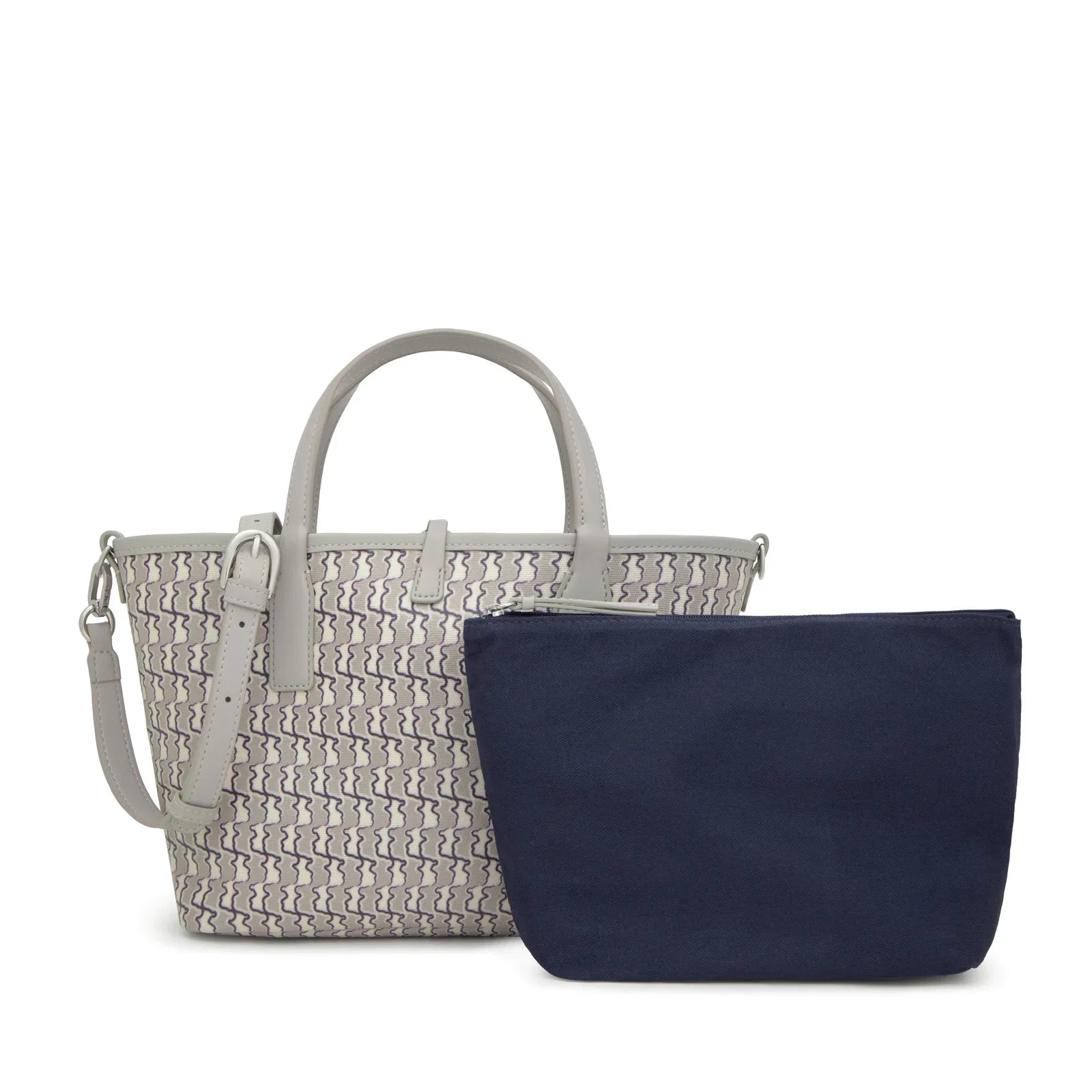 תיק יד אופנתי בעיצוב מודרני עם דוגמת זיגזג אפור ולידו תיק קטן כחול, CHOZEN מותגים