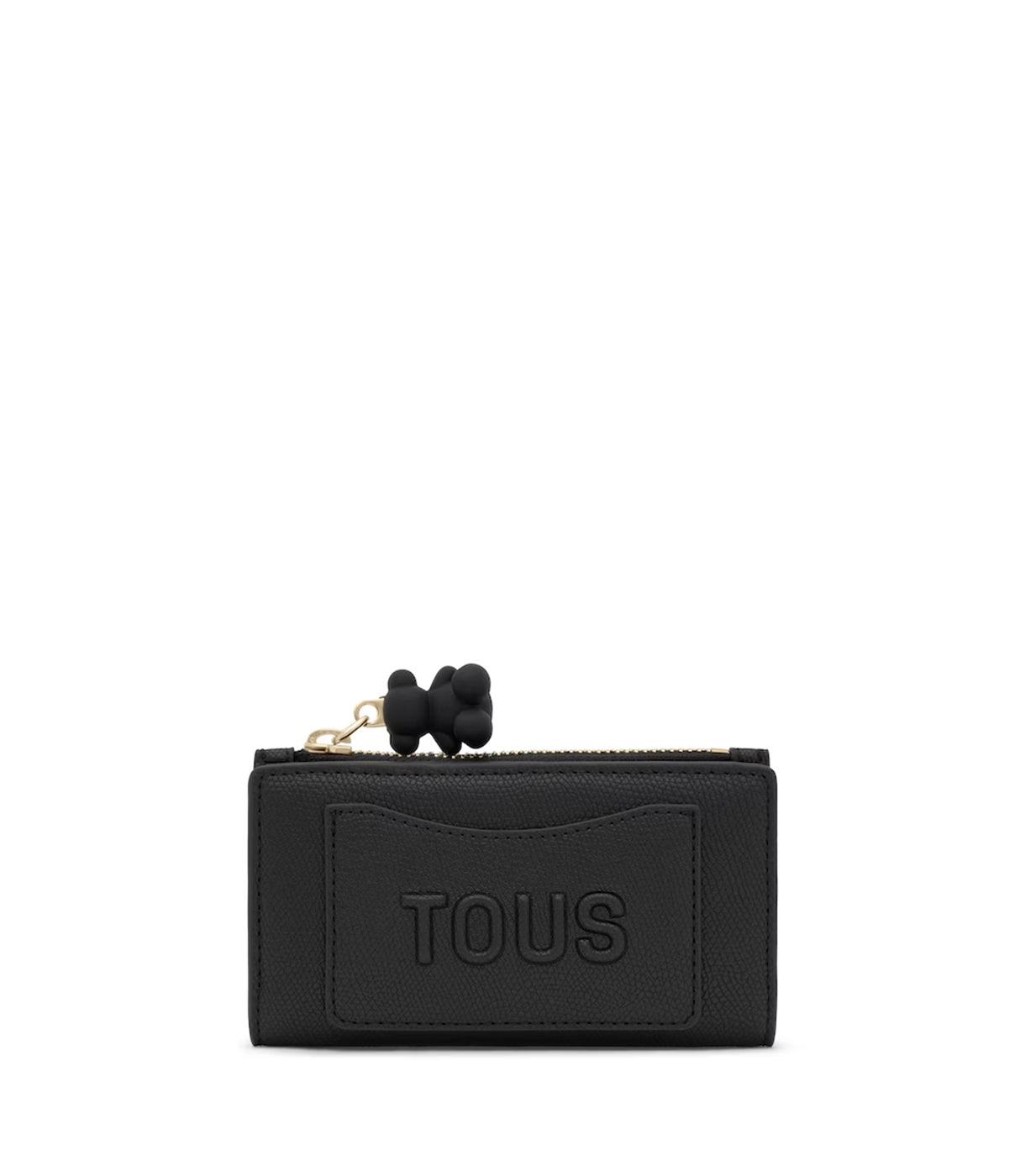 ארנק שחור מעור עם רוכסן ותליון דובון, לוגו TOUS מובלט בחזית, אביזרי אופנה יוקרתיים