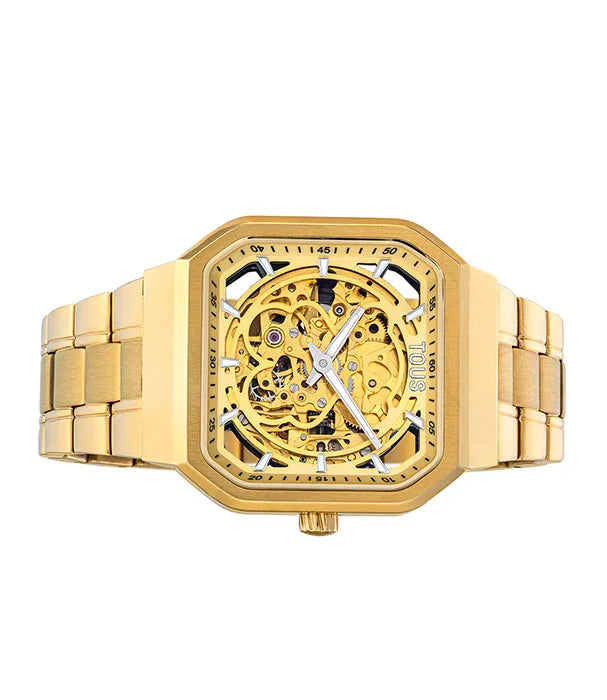 שעון יד זהב יוקרתי בעיצוב שלד מודרני, מותג CHOZEN, על רקע לבן