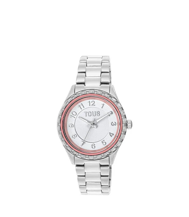שעון יד כסף לאישה עם לוח לבן וטבעת ורודה של מותג TOUS מקבוצת אלפא