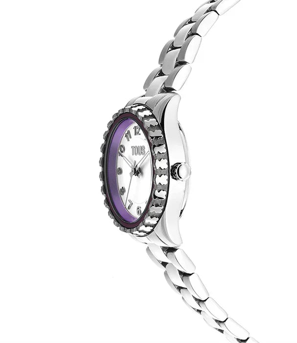 שעון יוקרה לאישה עם רצועת מתכת כסופה ומסגרת סגולה, מותג TOUS מבית קבוצת אלפא