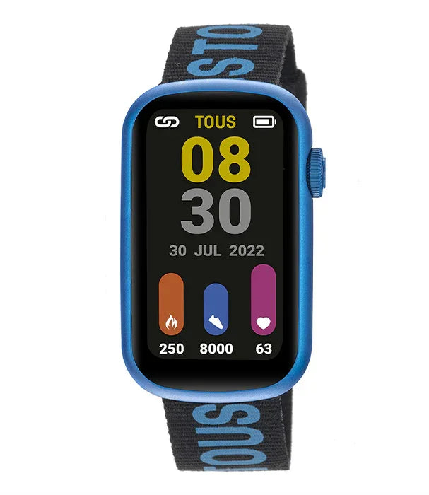 שעון חכם TOUS בצבע כחול עם רצועה שחורה, תצוגת נתוני בריאות, מוצר מבית קבוצת אלפא