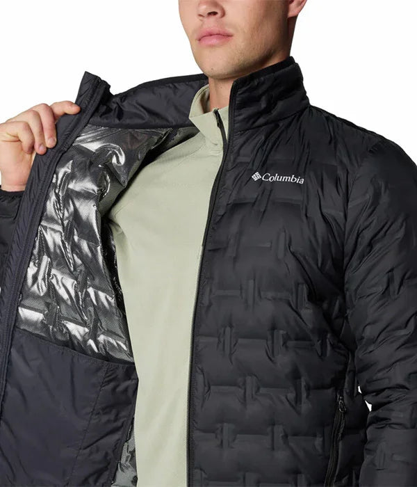 גבר לובש מעיל קולומביה שחור, מציג בטנת מבודדת נוצצת, מיתוג CHOZEN מותגים מובילים