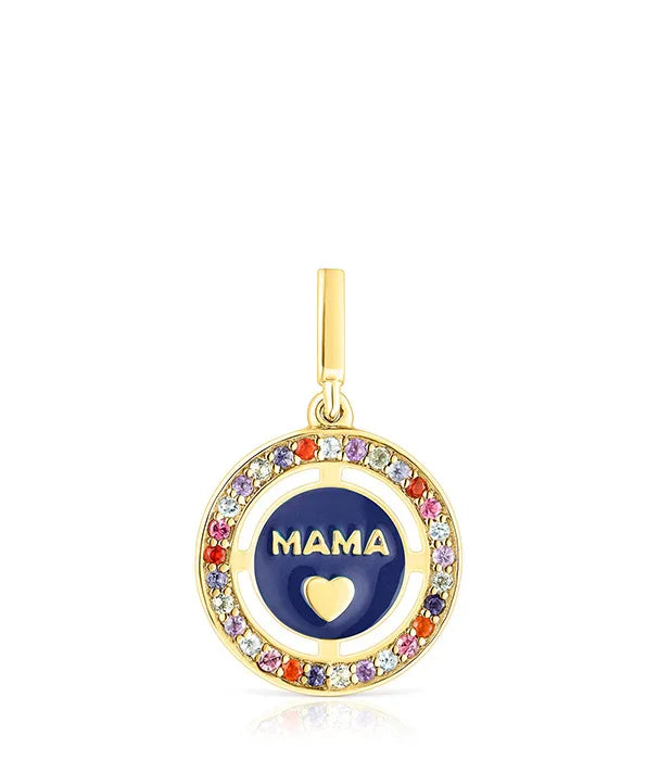 תליון זהב עיצוב עגול עם המילה MAMA ולב, מסביבו אבני חן צבעוניות, תכשיט מבית CHOZEN