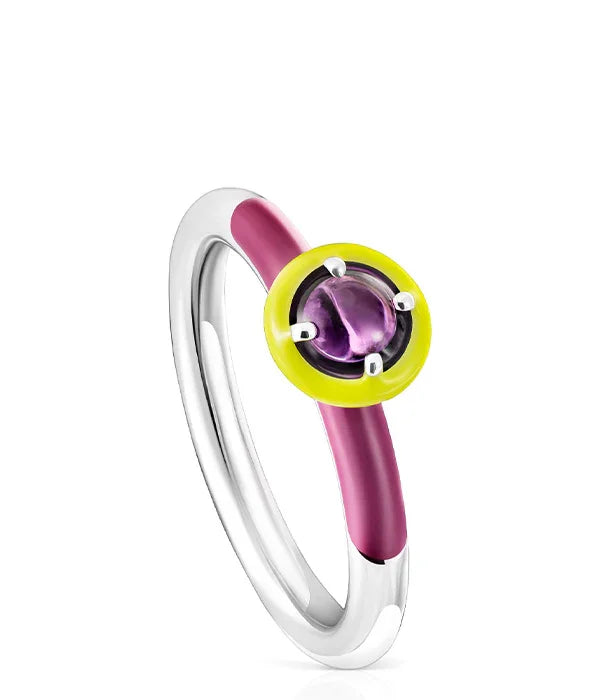 טבעת כסף עם שילוב צבעים ורוד וצהוב ואבן סגולה, תכשיט אופנתי CHOZEN