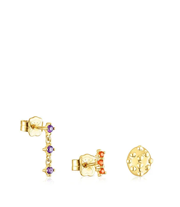 עגילי זהב מעוצבים עם אבני חן בסגול וכתום, תכשיטי אופנה CHOZEN