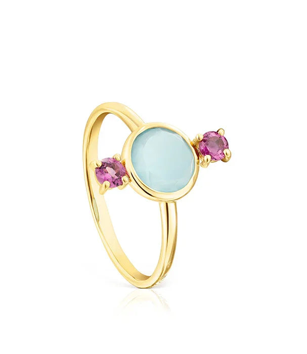 טבעת זהב עם אבן מרכזית כחולה ושני אבני חן ורודות, תכשיט יוקרתי CHOZEN