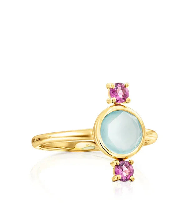 טבעת זהב עם אבן כחולה ושני אבני חן ורודות, תכשיט יוקרתי מבית CHOZEN