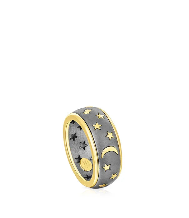 טבעת כסף וזב מסגרת זהב עם עיטורי ירח וכוכבים, עיצוב יוקרתי מבית CHOZEN
