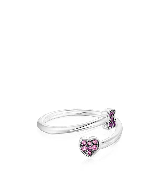 טבעת כסף פתוחה עם שני לבבות משובצים אבנים ורודות, תכשיט אופנה יוקרתי CHOZEN