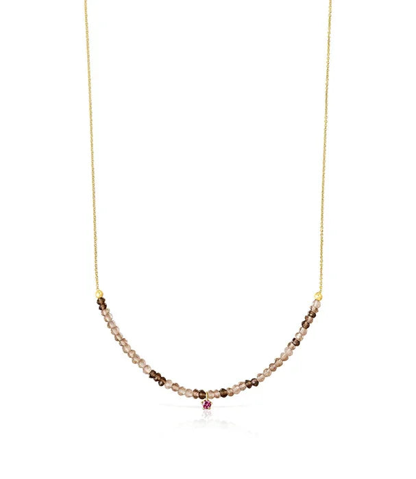 שרשרת עדינה מזהב עם חרוזים חומים ואבן מרכזית ורודה, תכשיט יוקרתי מבית CHOZEN