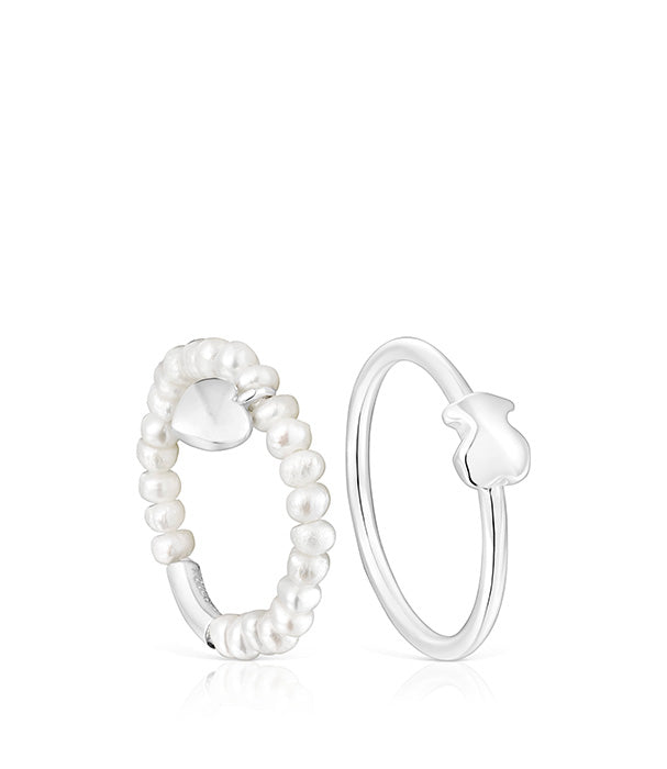 טואוס סט טבעות מיני אייקונס לב ודוב מכסף עם פנינים