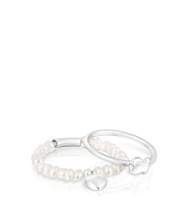 טואוס סט טבעות מיני אייקונס לב ודוב מכסף עם פנינים