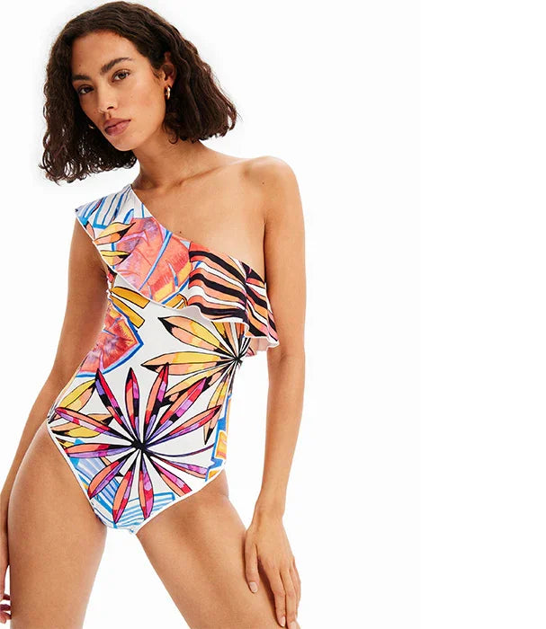 בגד ים שלם לנשים עם כתף אחת בהדפס צבעוני גיאומטרי, אופנה קיץ ב-CHOZEN