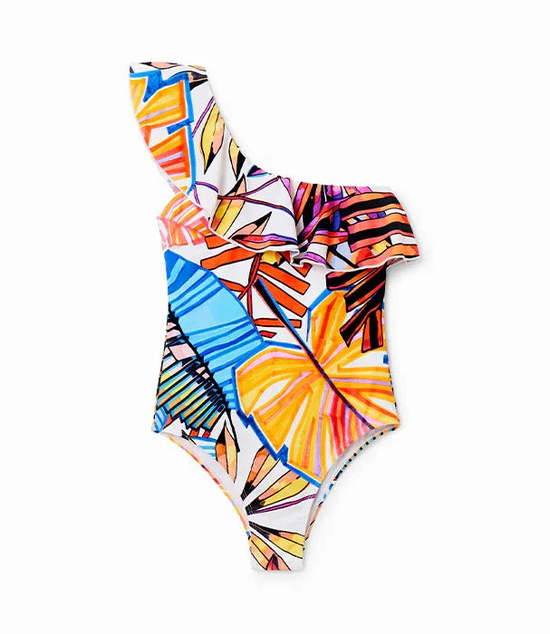 בגד ים שלם קיץ לנשים עם כתף אחת, דוגמת עלים צבעונית, CHOZEN אופנה